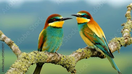 Two colorful european beeeater birds perched on a mossy branch, facing each other in a natural setting with a blurred background
