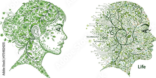 An abstract vector illustration of a woman's silhouette profile head with a green tree and leaf design symbolizing nature and ecology