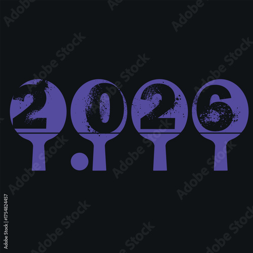 Sports calendar, ping pong competition schedule for the New Year, table tennis championship. Flat design, grunge, texture, ping pong rackets, 2026 inscription, New Year, sports activity, hobbies