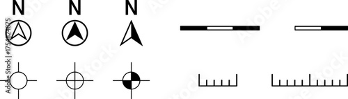 Basic Black Round North Mark Arrow Sign Symbol in Circle and Scale Icon and Linear or Bar Scale and Height Indicator Cartography Set for Map or Site Plan Orientation. Vector Image.