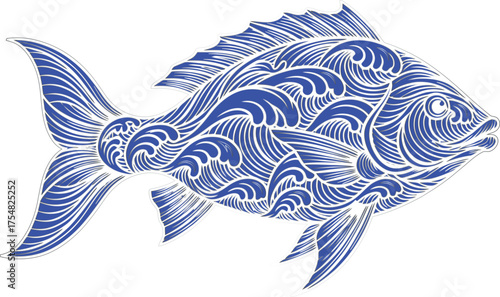 Stylized Fish Illustration with Wave Pattern in Blue and White.