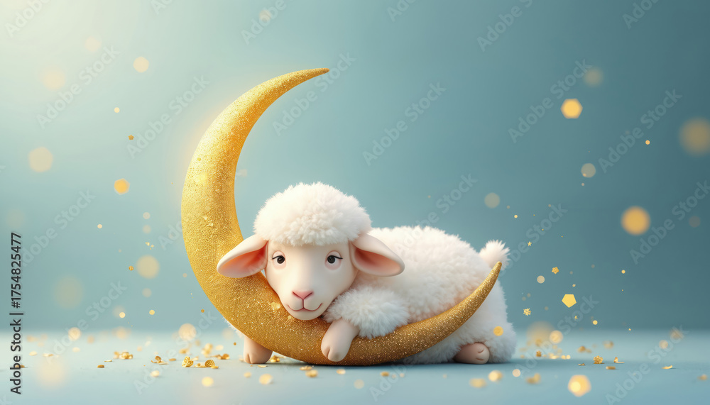 Obraz premium Fluffy white lamb rests on golden crescent moon. Soft pastel background with scattered bokeh lights and confetti. Sweet Eid Al-Adha greeting art.