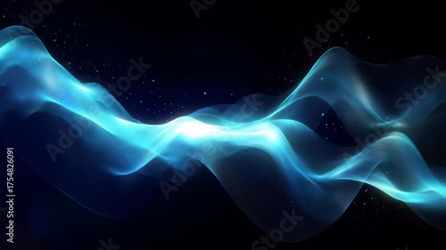 Abstract flowing blue wave pattern with glowing particles on a dark background, representing energy or data flow 4k video