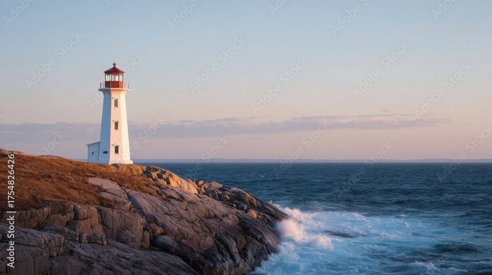 Naklejka premium Lighthouse On Rocky Coastline At Sunset. Guiding Light Over Ocean Waves