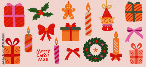 Set of Christmas hand drawn elements. Cute holiday Xmas graphic icons. Wreath, Xmas tree, bow, gift, candle, holly, funny tree toys, candys. Perfect for greeting card. Vector illustration.
