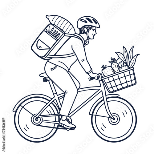 Vector line art illustration of a gig economy worker providing a food delivery service on a bicycle with a thermal bag and basket of fresh groceries