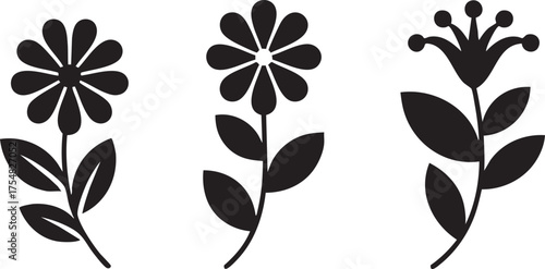 Three black silhouette flowers with stems and leaves