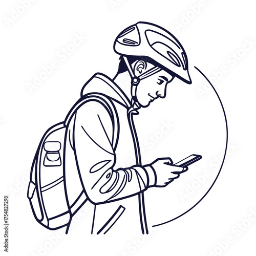 A young urban commuter wearing a safety helmet and backpack looks at his smartphone. Minimalist linear vector outline icon for transport apps