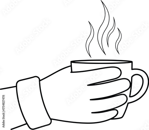 Hand holding mug coffee tea hot beverage steam drink cup outline line art