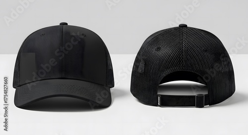 trucker cap mockup with black color, front and back view with isolated clear background