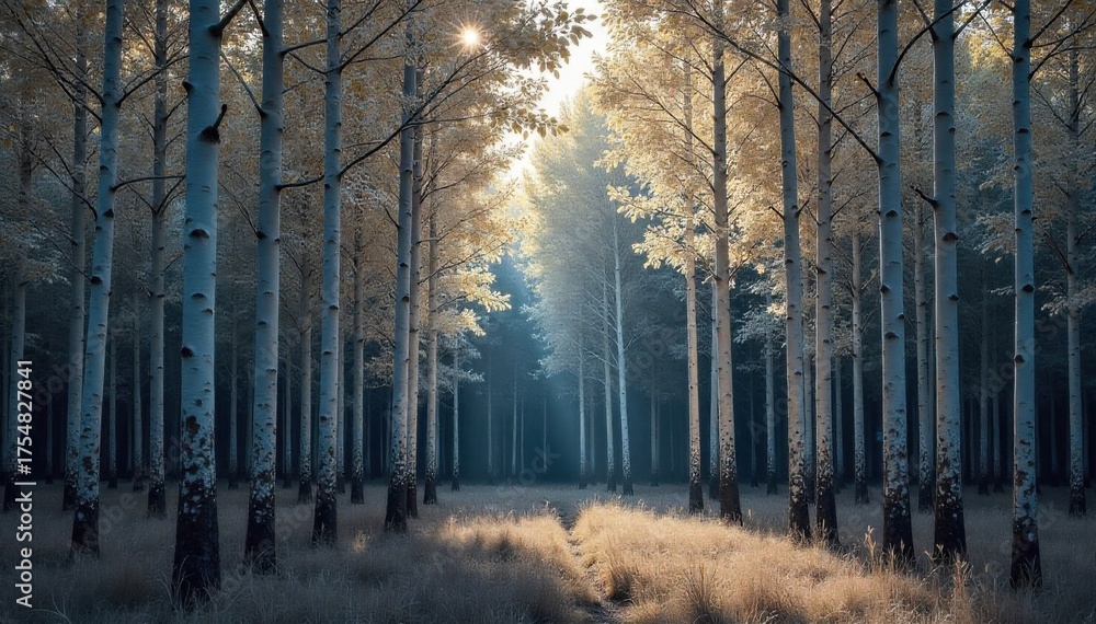 Fototapeta premium Rocky Mountain Aspen Grove Golden Wood Structures A grove of Colorado aspen trees bathed in warm, golden sunlight. The focus is on the distinctive white and grey textured bark of the slender trunks,