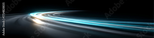 Dynamic glowing light paths in teal and blue on dark background for effective electric vehicle advertising banners