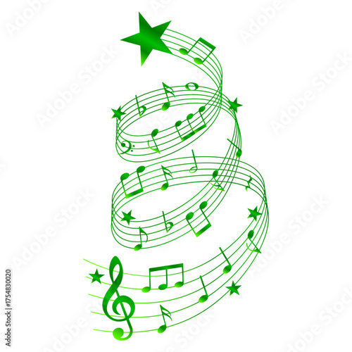 Festive music notes, green Christmas tree silhouette and stars, vector illustration.