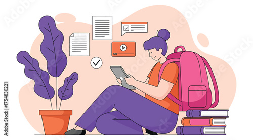 Vector art of a student engages in online learning, surrounded by books and digital resources, symbolizing education, technology, and the pursuit of knowledge