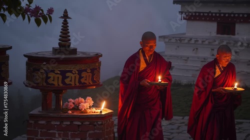  Buddhist monks wearing deep red robes, standing with lit butter lamps and prayer wheels at a dimly lit outdoor temple or monastery at dusk or night, surrounded by mist 