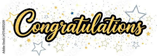 Congratulations text with golden glitter and stars.