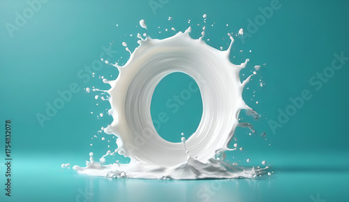 A captivating splash of milk against a vibrant turquoise background, showcasing fluid motion and freshness.