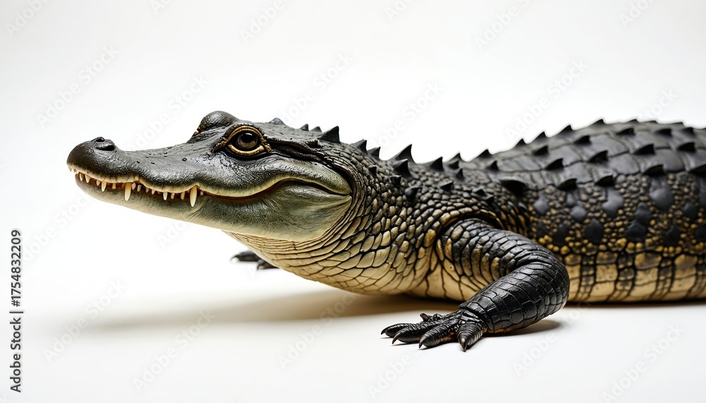 Fototapeta premium Studio photo shows a juvenile alligator on white backdrop. Reptile displays sharp teeth and detailed scales. Predator from swamp shows its head and front paws in profile.