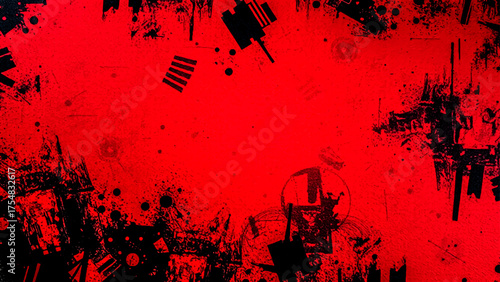 Grunge dark red and black abstract texture with splattered paint, rough scratches, and chaotic distressed patterns. Dramatic artistic background ideal for horror, gothic, or edgy digital design.