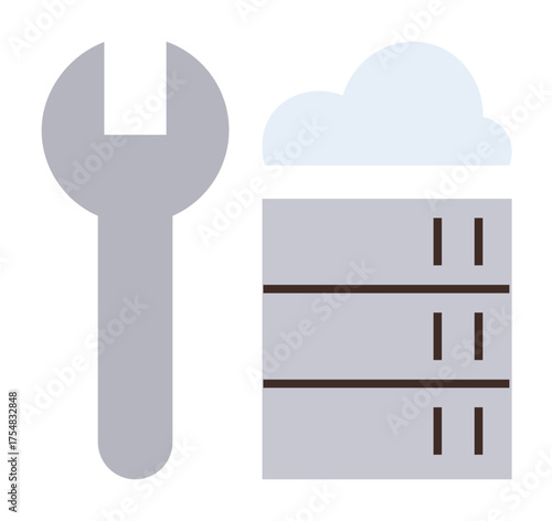 Wrench next to a cloud server stack representing cloud computing, storage management, and system maintenance. Ideal for technology, IT support, networking, cloud solutions, data handling, system