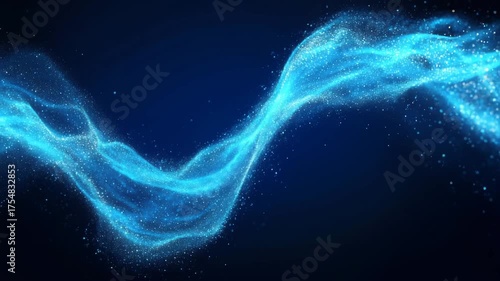 Abstract glowing blue wave of particles flowing in dark space, futuristic digital art with bokeh effect 4k video