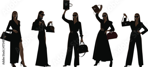 Fashionable women with designer handbags, black outfits, confident poses, sunglasses style, luxury branding, silhouette illustration, high-end fashion concept