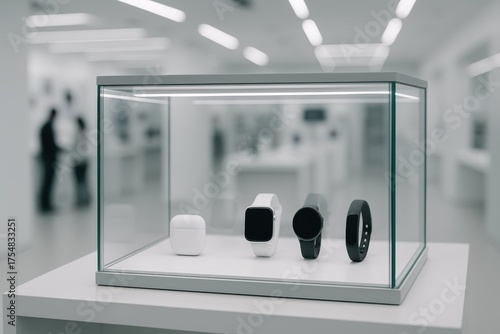 Wearable Technology Showcase. Wearable tech, including smartwatches, in a glass display case at a modern store. Customers browse in the blurred background.