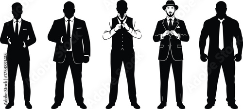 Male silhouette in formal attire, adjusting tie and cuffs, diverse poses, stylish suits, vest and fedora, fashion gesture illustration