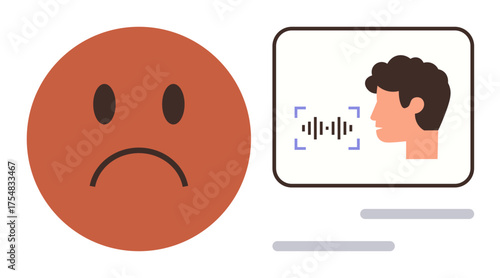 Sad red-faced emotion represents dissatisfaction nearby screen with waveform and face portrays voice recognition or speech processing. Ideal for technology, AI, emotion, communication, feedback