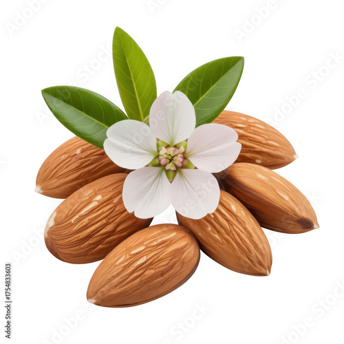 Almonds with Transparent Background white flower and green leaves on black background nuts food