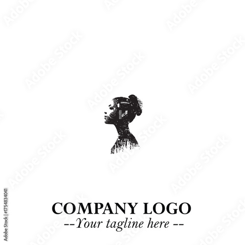 Head of Beautiful Woman as Robot Logo Symbol in Black on the White Background Futuristic Design