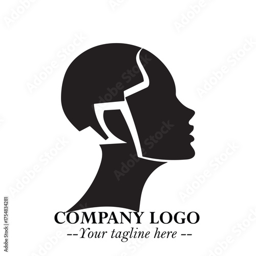 Head of Beautiful Woman as Robot Logo Symbol in Black on the White Background Futuristic Design