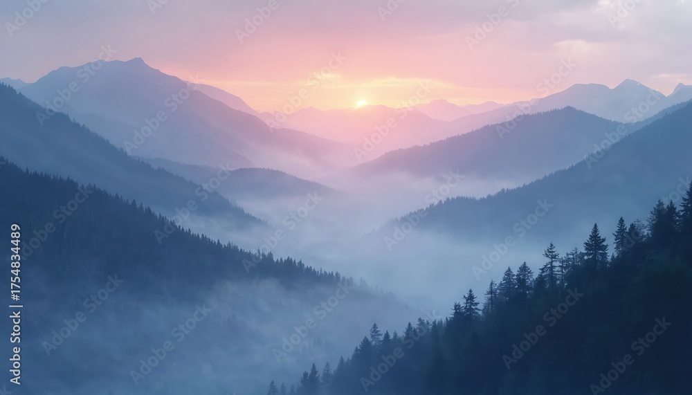 Obraz premium Pastel sunrise over misty mountain range. Fog fills valleys among trees. Dreamy landscape with soft light and shadows. Nature scene evokes peace and tranquility. Scenic view offers beauty and calm.