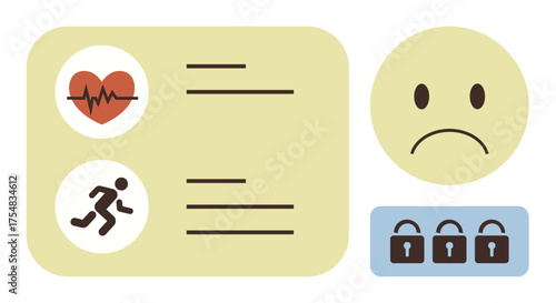 Heartbeat monitor, running icon with a mood face beside three locks. Ideal for health tracking, fitness apps, emotional well-being, data privacy, security, user interface, simple flat metaphor
