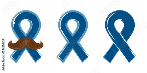 Blue ribbon with moustache symbol of november mens health month. Doodle style Blue ribbon and moustache icons isolated on white background. Sticker , label and icon of prostate cancer awareness set