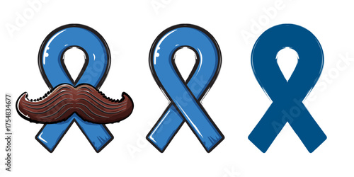 Blue ribbon with moustache symbol of november mens health month. Doodle style Blue ribbon and moustache icons isolated on white background. Sticker , label and icon of prostate cancer awareness set