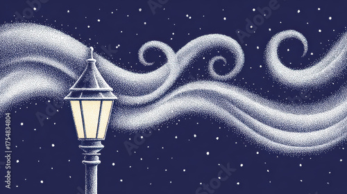 Magical glowing lamppost shines its light on winter night sky with swirling wind and snow. This whimsical and serene scene evokes fantasy feeling against dark blue background