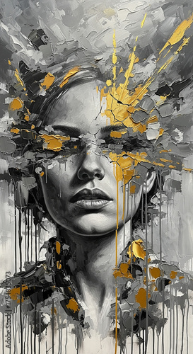 An abstract mixed-media portrait of a woman features textured gray and white tones with striking gold splatters and drips.

