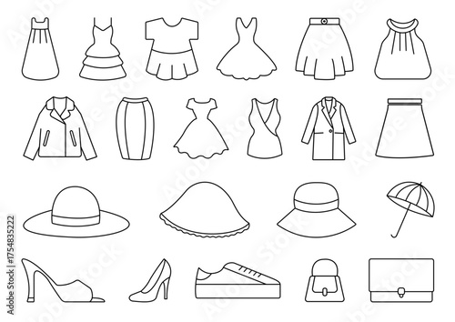 a collection of women's clothing silhouettes suitable for mockup designs for formal and informal clothing such as t-shirts, suits, pants, hats, ties, shoes, dresses.