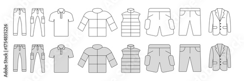  Menswear Design Icons. Outline icon set of menswear design items_ suit outline, blazer icon, button-up shirt.