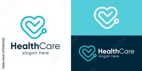 Simple health care logo template. Stethoscope with love shape symbol, Medical logo design vector illustration.