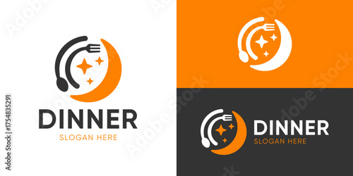 Creative simple dinner logo template. Moon star with spoon fork symbol, Food logo design vector illustration.
