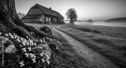 A foggy morning reveals a winding path leading to a distant farmhouse, bordered by a tree with exposed roots and small white flowers.

