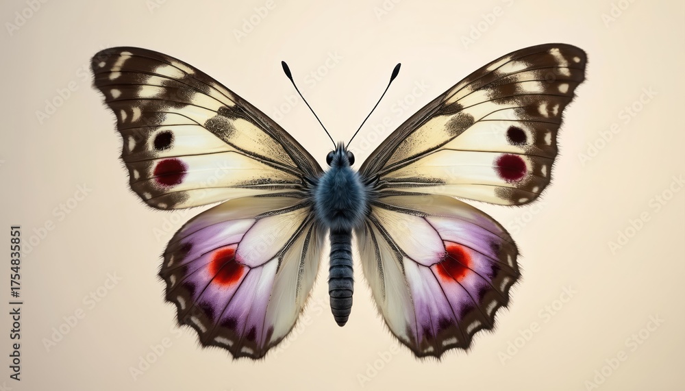 Obraz premium Closeup of butterfly with purple red spots on wings with light beige background. Insect detailed wing pattern. Aesthetic animal natural, delicate, vibrant in colour, artistic element for web print