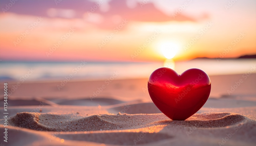 Fototapeta premium Red heart on sandy beach during golden sunset, symbolizing love, peace, and nature’s beauty with ocean and sky in soft focus.