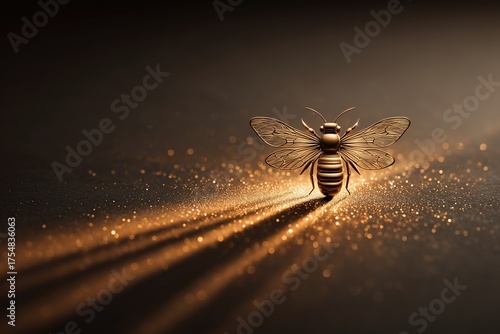 Golden bee on a glittering surface creates a stunning visual with contrasting shadows in soft light