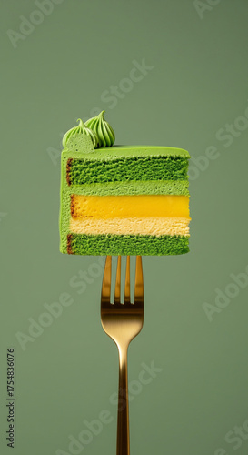 A single slice of vibrant green and yellow layered cake with matcha frosting is perfectly balanced on a golden fork against a solid green background