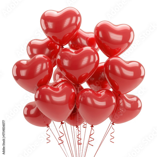 Bunch of Shiny Red Heart Shaped Balloons with Ribbons on Transparent Background Black Background