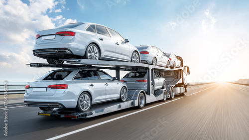 Car carrier truck with new vehicles driving on highway, right side has copy space.