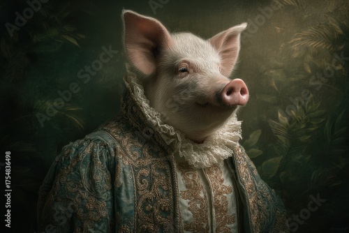 Noble Boar in Renaissance Attire: A Vintage Portrait of a Pig Styled as an Aristocrat